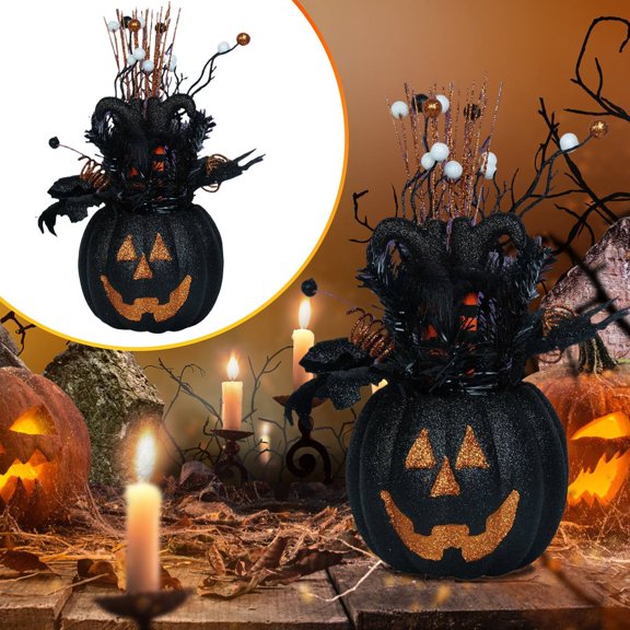 Clearance Sale! Black Gold Pumpkin LED Lantern Matched Flower Bouquet Halloween Table Decor Lamp