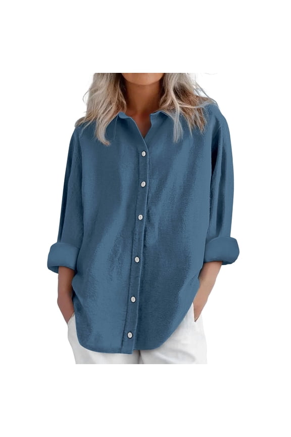 Button Down Linen Shirts for Women Dress Shirts Long Sleeve Wrinkle-Free Blouse Casual Solid Office Work Tunic Top Daily Linen Shirts Shirts Tops Blouses Loose Fit Shirt