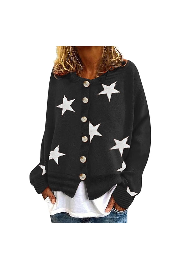 Cardigan Sweaters for Women Elegant Long Sleeve Womens Cardigan Star Pattern Printing Softy Buttons Cute Tops for Women Elastic Fashion Ribbed Comfy Cardigan（Black,XL）