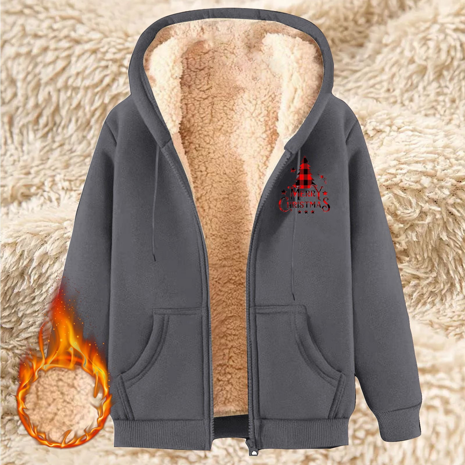 Clearance Sale! Christmas Zip Up Hoodie Women Lamb Wool Coat Winter