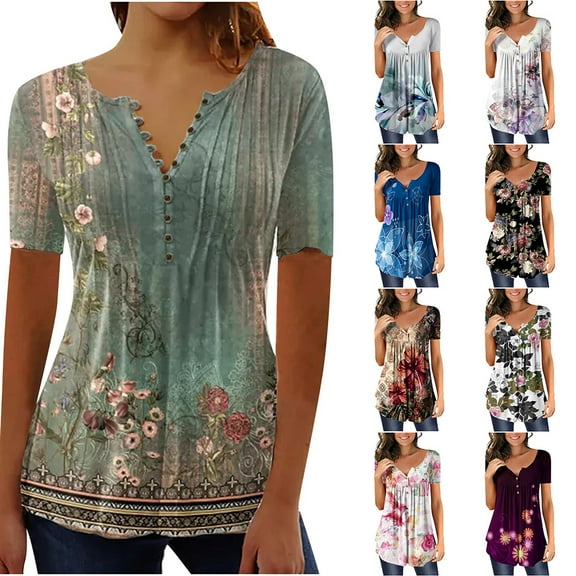 Fatuov Womens Plus Size Tops Summer Short Sleeve Floral Graphic T-Shirts Dressy Casual Pleated Button V-Neck Blouses Army Green