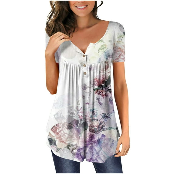 Fatuov Plus Size Tops for Women Summer Dressy Casual Short Sleeve Graphic T-Shirts Trendy Button V-Neck Floral Printed Blouses Purple