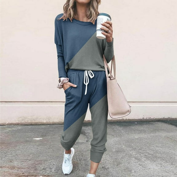 Clearance Sale Colorblock Lounge Sets for Women 2 Piece 2024,Womens Two Piece Outfits Plain Jogger Set Long Sleeve Sweatshirt and Drawstring Long Pants with Pockets