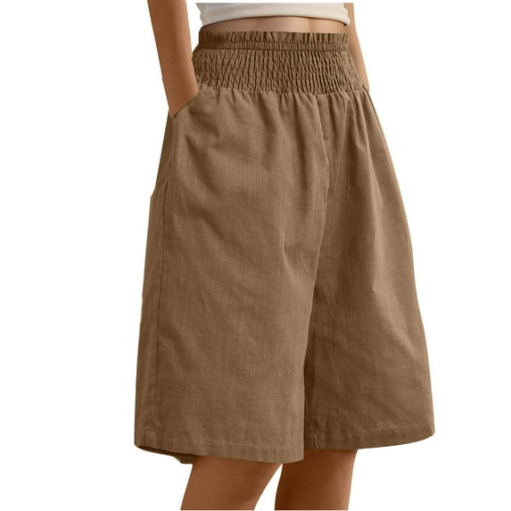 Cotton Linen Long Shorts Women Wide Leg Palazzo Shorts Elastic Waist Shorts with Pockets Summer Solid Color Shorts Cheap Items