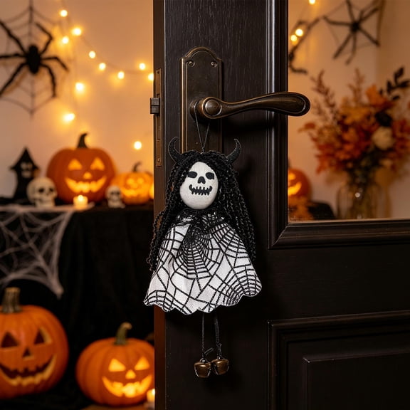 Clearance Sale! Creepy Ghost Face Hanging Decoration with Bells, Scary Outdoor Yard Ornament for Porch Garden Tree in Orange