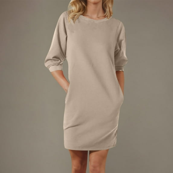 Cute Dresses for Women,Women's Casual Round Neck Five Quarter Sleeve Pocket Solid Color Dress Khaki Xl
