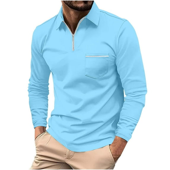 Dagegui Men's Long Sleeve T-Shirts Solid Color Quarter Zip Lapel Shirts Trendy Golf Shirt with Chest Pocket Outdoor Casual Comfy Fall Tees Tops Sky Blue,XXL