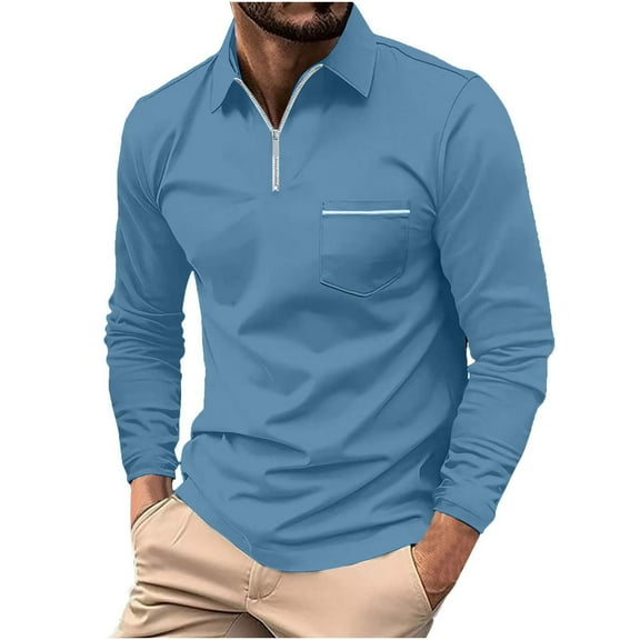 Dagegui Men's Long Sleeve T-Shirts Solid Color Quarter Zip Lapel Shirts Trendy Golf Shirt with Chest Pocket Outdoor Casual Comfy Fall Tees Tops Blue,M