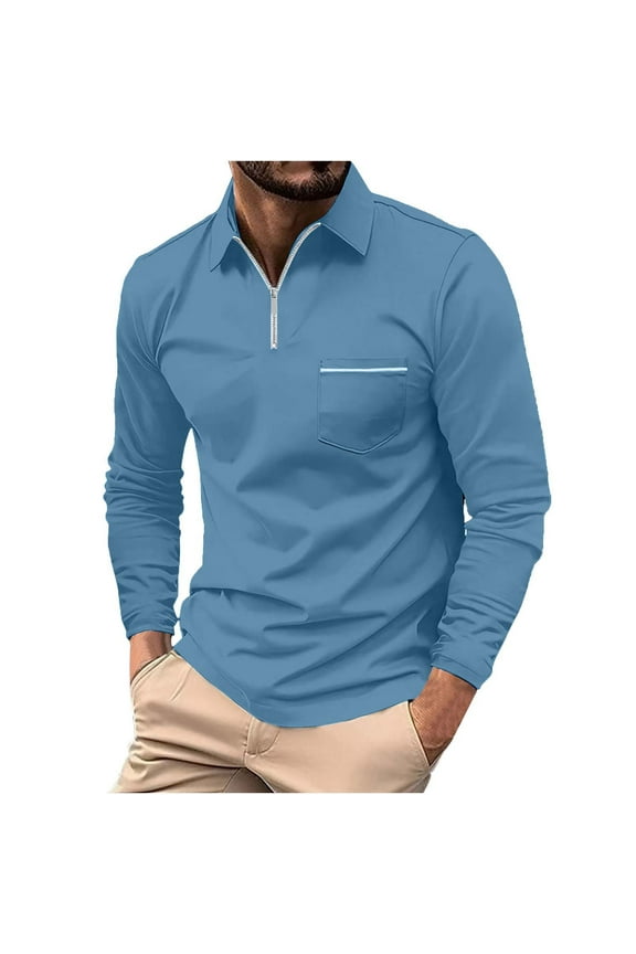 Men's Long Sleeve T-Shirts Solid Color Quarter Zip Lapel Shirts Trendy Golf Shirt with Chest Pocket Outdoor Casual Comfy Fall Tees Tops Blue,M