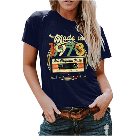 Made in 1973 Vintage 1973 T Shirts for Women Cassette Print T-shirt Round Neck Short Sleeve T-shirt Casual Tee Tunic