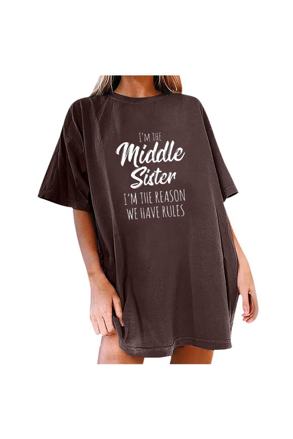 Oversized T Shirts for Women I Am the Middle Sisiter Print Tops Fun Letter Print T-shirt Top Crewneck Short Sleeve Top