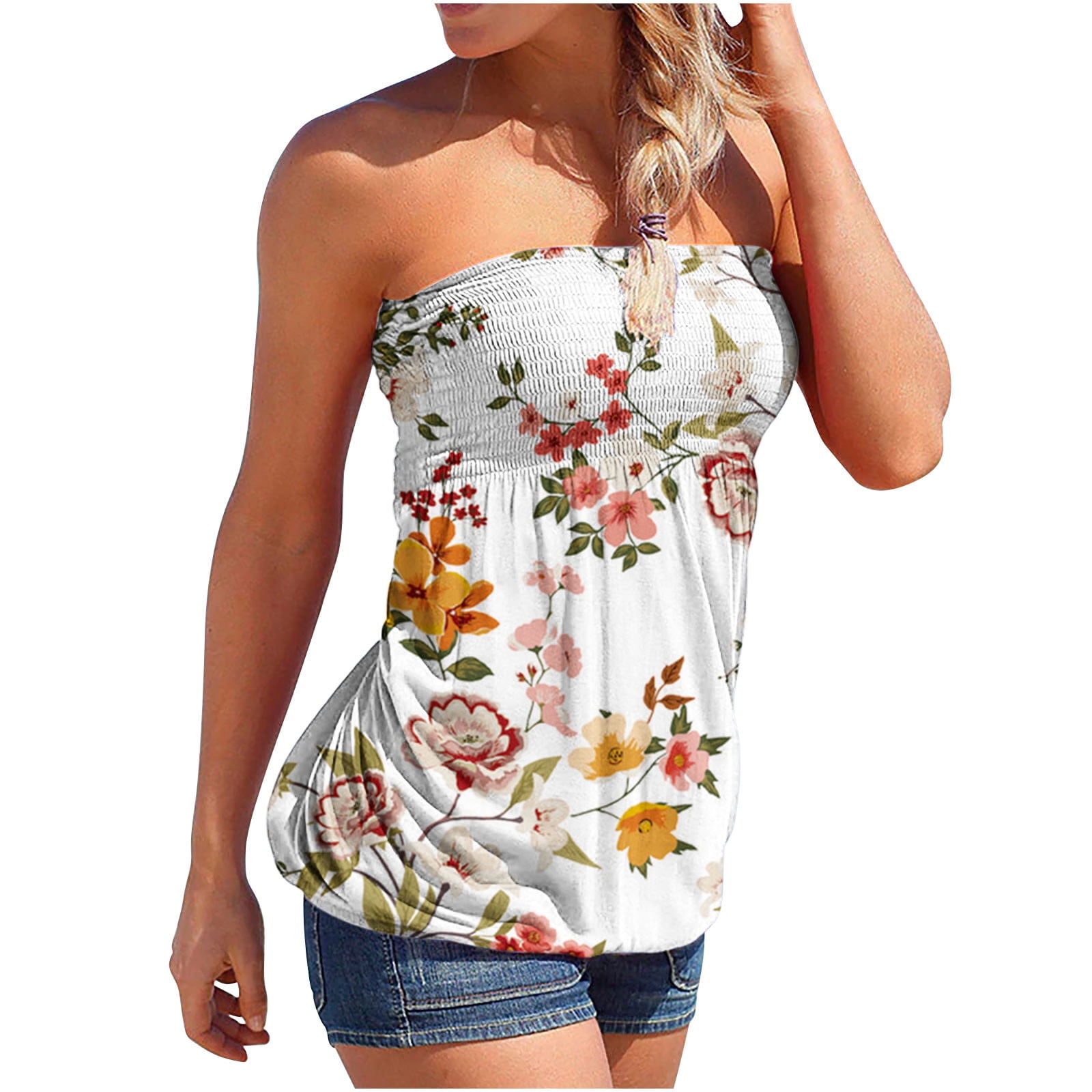 Clearance Sale Deal Tube Tops for Women Strapless Long Tube Top Elastic  Tube Top Floral Print Bandeau Tee Beach Vacation T-shirt Top Shirts