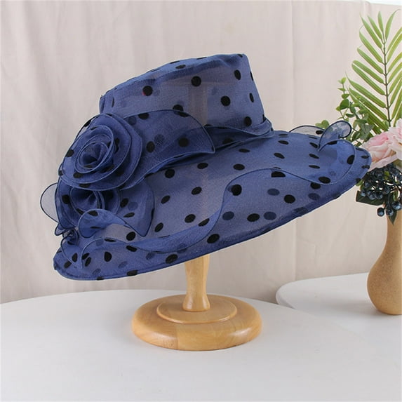 Clearance Sale!! Derby Hats for Women Polka Dot, Women's Organza Church Kentucky Derby Dress Tea Party Hats Fascinator Flower Temperament Wedding Dress Hat Sun Dome Large Brim Hat Hat for Woman