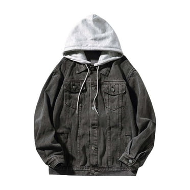 Clearance Sale Dihao Jean Jackets for Men Plus Size Men's Motorcycle Solid Color Button Pocket Long Sleeved Hooded Denim Jacket