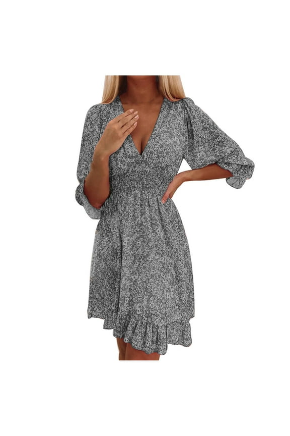 Dress for Women 2023 Short Sleeve Printing Floral Pattern Dress V-Neck Midi Fit And Flare Fashion Elegant Party Club Seaside Boho Homecoming A-Line Shift Hem Ruched Dress