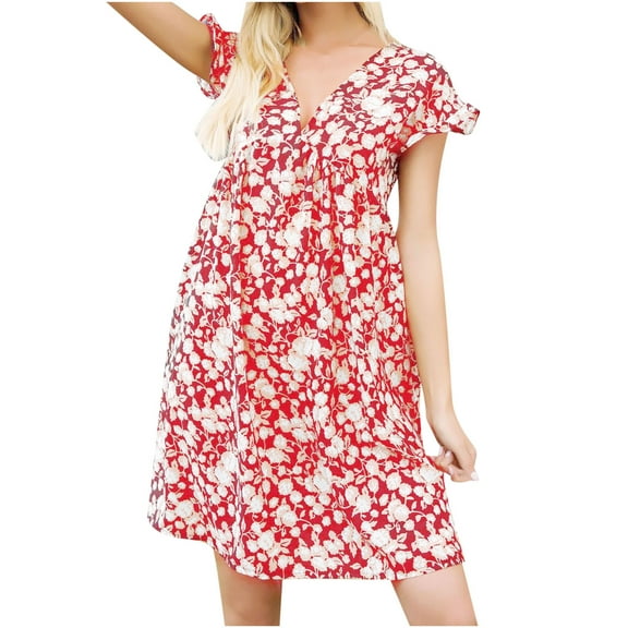 Dress for Women 2023 Short Sleeve Printing Floral Pattern Dress V-Neck Midi Fit And Flare Fashion Trendy Elegant Party Club Beach Seaside Boho Homecoming A-Line Shift Hem Pleated Dress