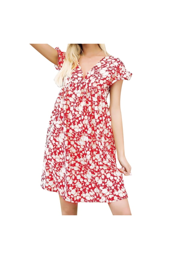 Dress for Women 2023 Short Sleeve Printing Floral Pattern Dress V-Neck Midi Fit And Flare Fashion Trendy Elegant Party Club Beach Seaside Boho Homecoming A-Line Shift Hem Pleated Dress