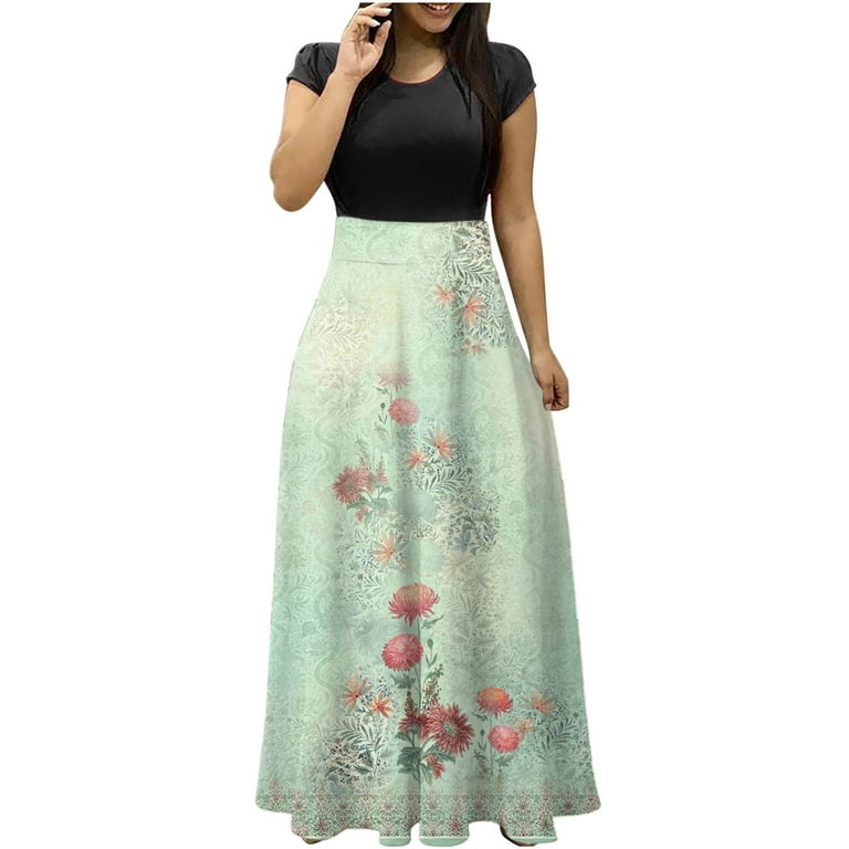 Clearance-Sale Dress for Women 2023 Short Sleeve Printing Patchwork Dress  Crew Neck Midi Fit And Flare Casual Formal Elegant Holiday Trip Beach