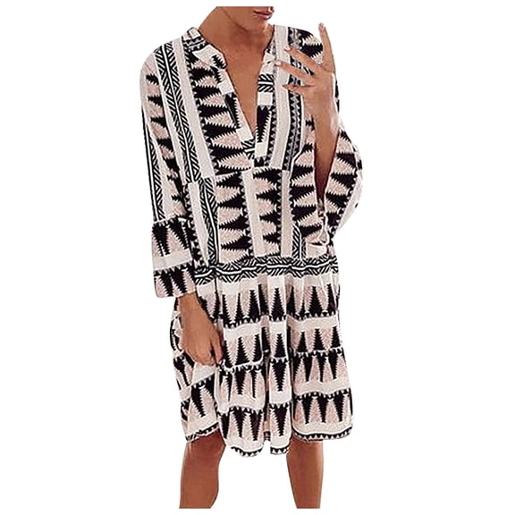 Dresses Holiday Women's Casual Fashion Retro Solid Color V-neck Long Sleeve Dress Beach V-Neck Retro Solid Color Pacthwork Fashion Casual Dress