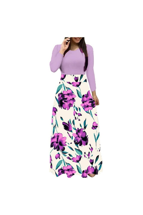 Dresses for Women 2023 Long Sleeve Printing Floral Pattern Patchwork Dress Round Neck Mini Slim Fit Casual Formal Elegant Party Club Beach Seaside Homecoming A-Line Flowy Hem Dress