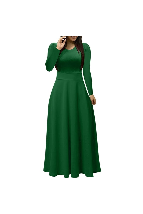 Dresses for Women 2023 Long Sleeve Solid Color Fashion Women Round Neck Long Sleeve Solid Ladies Slim Long Dress Round Neck Mini Slim Fit Fashion Elegant A-Line Swing Hem Dress