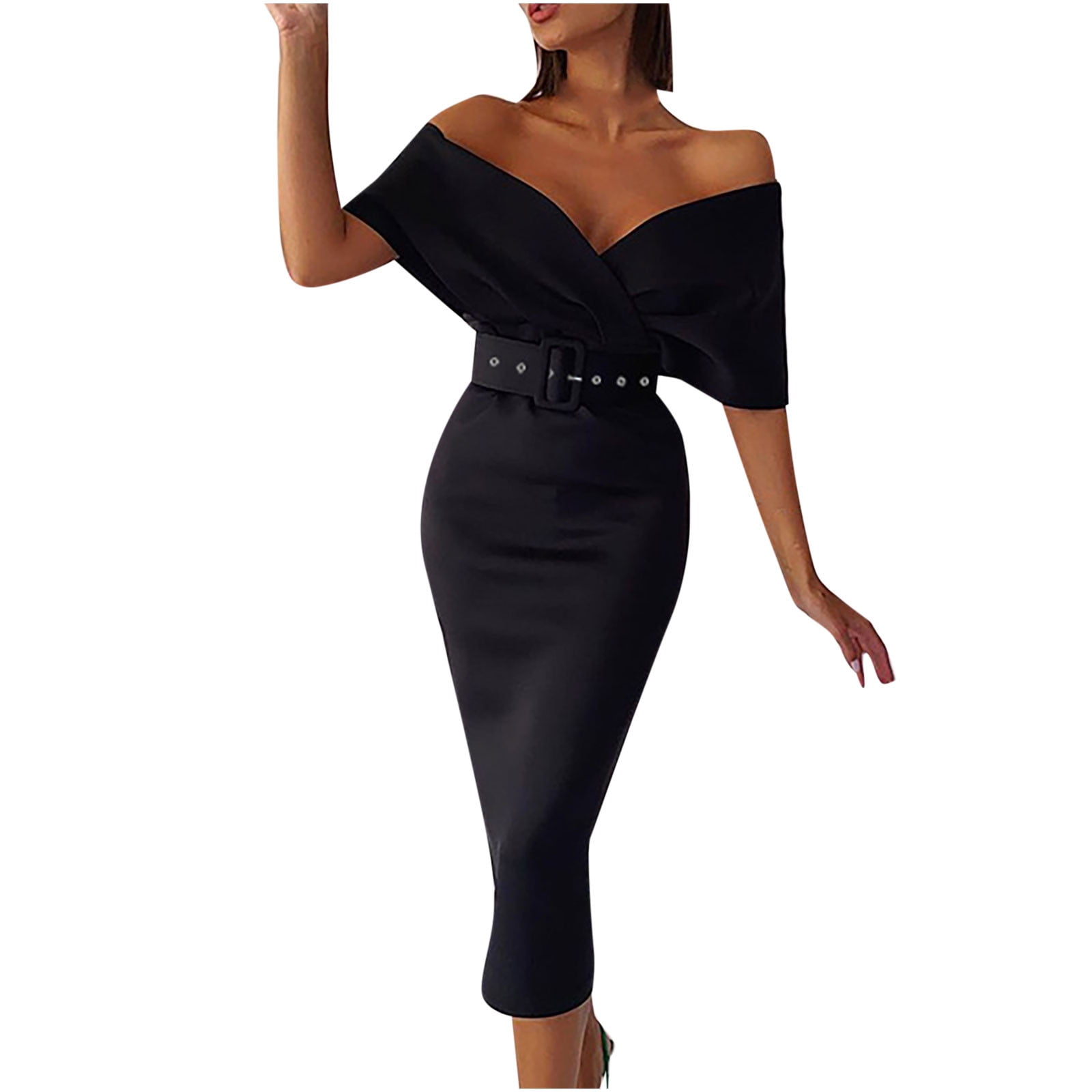 Summer Women's Casual Dress Plunging Solid Cape Short Black Dress :  : Fashion