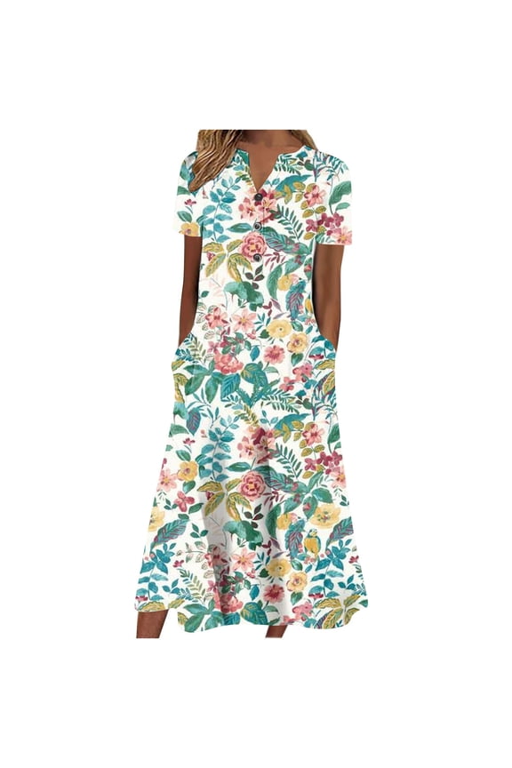 Dresses for Women 2023 Short Sleeve Printing Floral Pattern Dress V-Neck Midi Fit And Flare Casual Formal Elegant Holiday Trip Homecoming A-Line Shift Hem Ruched Dress with Pocket