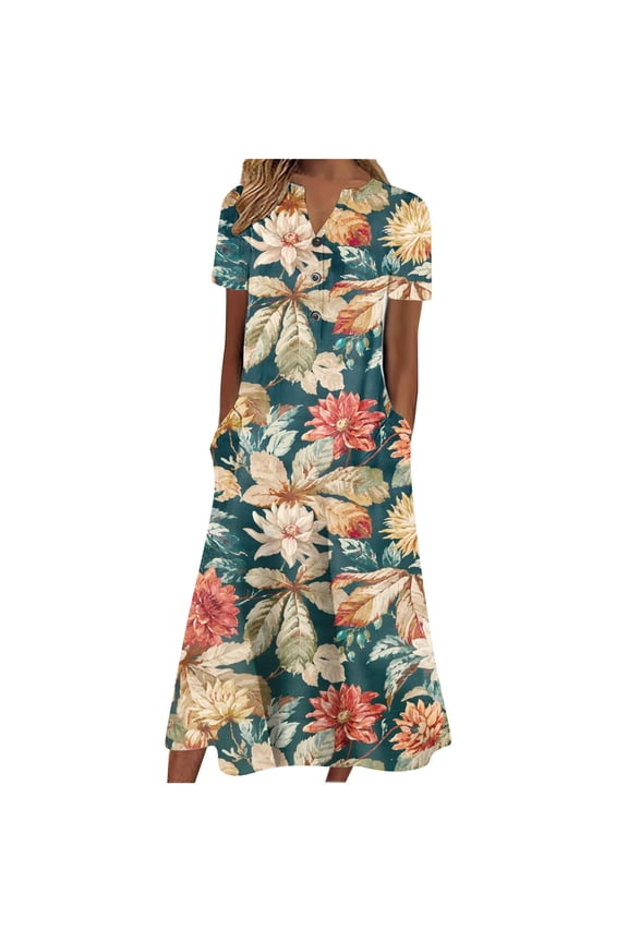 Dresses for Women 2023 Short Sleeve Printing Floral Pattern Dress V-Neck Midi Fit And Flare Casual Formal Elegant Holiday Trip Homecoming A-Line Shift Hem Ruched Dress with Pocket