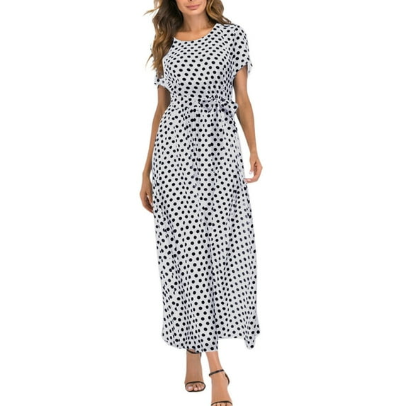 Clearance-Sale Dresses for Women 2023 Short Sleeve Printing Polka Dot Dress Round Neck Midi Fit And Flare Fashion Trendy Elegant Party Club Beach Seaside Homecoming A-Line Swing Hem Bandage Dress