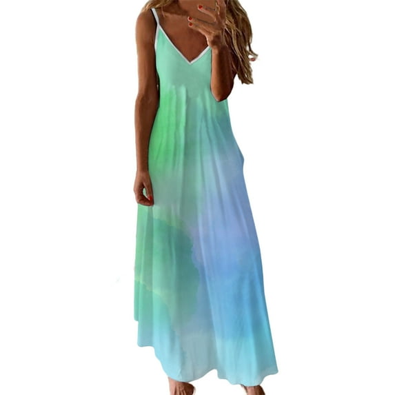 Dresses for Women 2023 Sleeveless Printing Tie-dye Dress V-Neck Midi Fit And Flare Casual Formal Elegant Party Club Beach Seaside Homecoming A-Line Swing Hem Tank Sling Ruched Dress