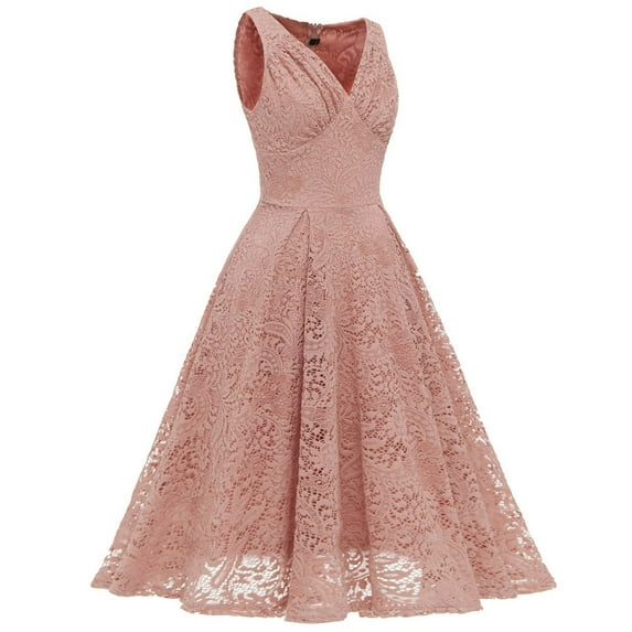 Clearance-Sale Dresses for Women 2023 Sleeveless Solid Color Lace Patchwork Dress V-Neck Midi Fit And Flare Daily Casual Elegant Party Club Beach Seaside Homecoming A-Line Swing Hem Pleated Dress