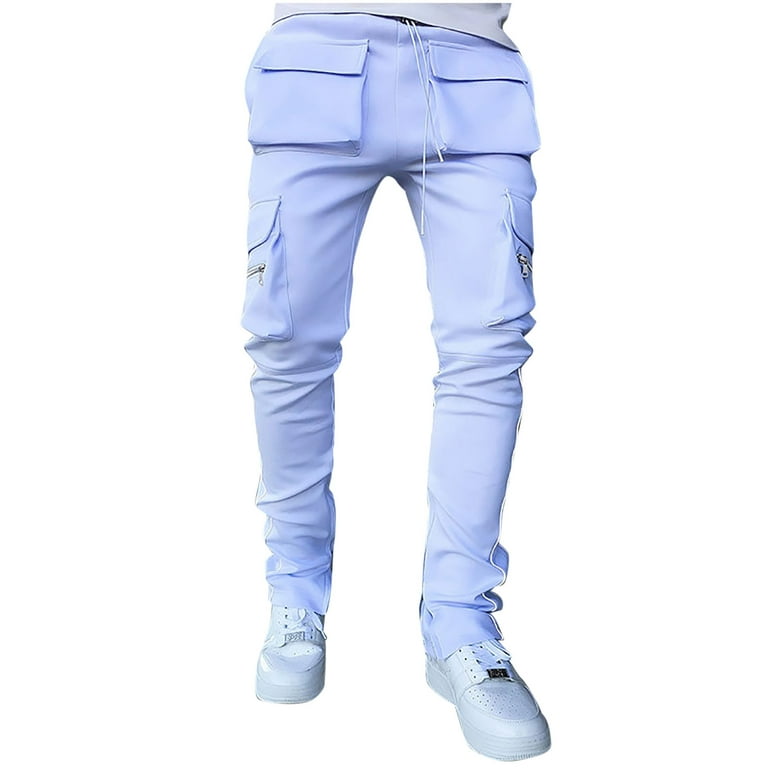 Clearance Sale Fall Clothes 2023 Men s Multi pocket Reflective Straight leg Sports Casual Overalls Light blue XL