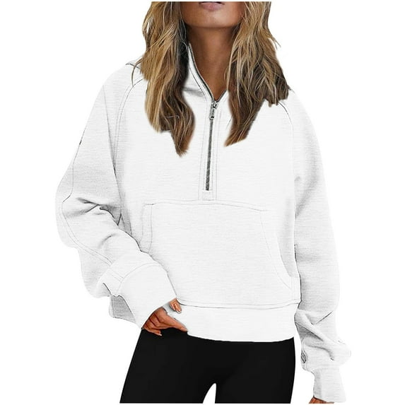 Clearance-Sale Fall Clothes 2023 Women Half Zip Cropped Hoodies Fleece Quarter Zip Up Pullover Sweatshirts Winter Clothes 2023 Outfits Sweater Coat(White,3XL)