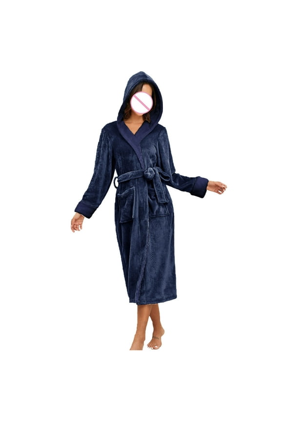 Clearance Sale Fuzzy Soft Robes for Women,Women's Bathrobe Shawl Collar and Hooded,Lounge Sleepwear Robe Side Pockets Navy M