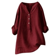 CLESALE Clearance-Sale Going Out Tops for Women Plus Linin And Cotton Casual Summer Tops for Women 2023 Trendy Softy Solid Blouses for Women Buttons V-Neck Women Tops Weekly-Deals（Khaki,XL）