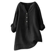 CLESALE Clearance-Sale Going Out Tops for Women Plus Linin And Cotton Casual Summer Tops for Women 2023 Trendy Ruched Solid Blouses for Women Buttons V-Neck Women Tops Weekly-Deals（Black,5XL）