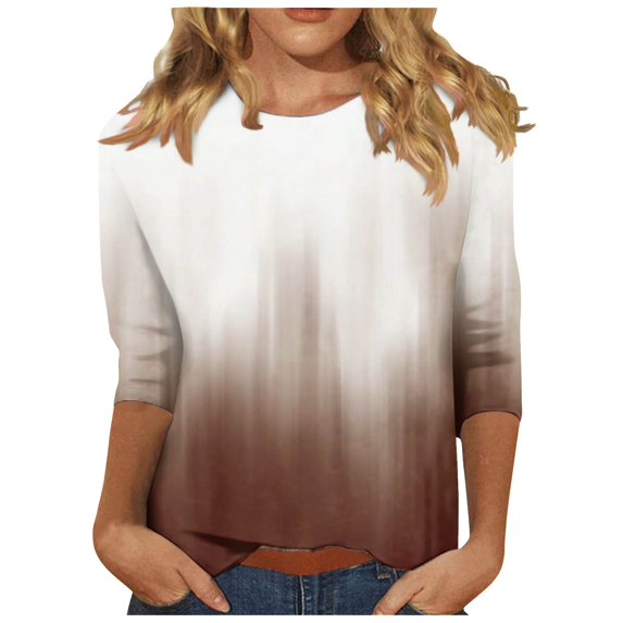 Clearance-Sale Graphic Tees for Women Fashion 3/4 Length Sleeve Womens Tops Gradient Plus Size Tops(Brown,4XL)