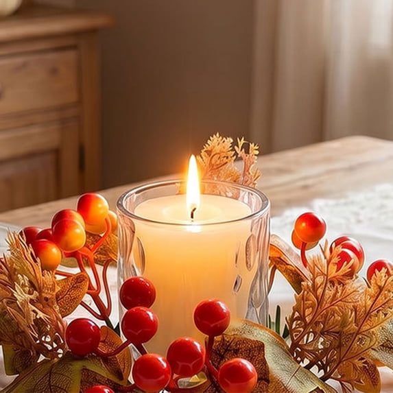 Clearance Sale! Halloween Fall Wreath Candle Ring, Artificial Maple and Pumpkin Decor with Berries, Gothic Farmhouse Table Accent