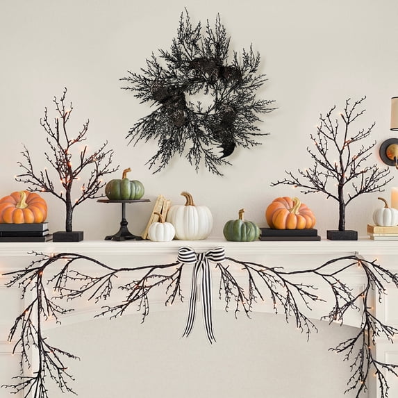 Clearance Sale! Halloween Single Taper Candle Holder, Black Needle and Eucalyptus Leaf Wrapped Candlestick with Bat Ornament, Gothic Decor