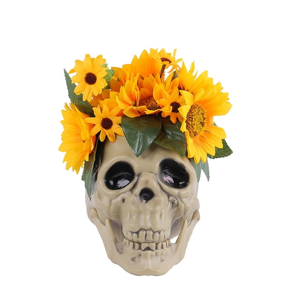 Clearance Sale | Hand-Painted Sunflower Skull Statue, 7 Inch Gothic Halloween Desktop Ornament for Home and Party Decor