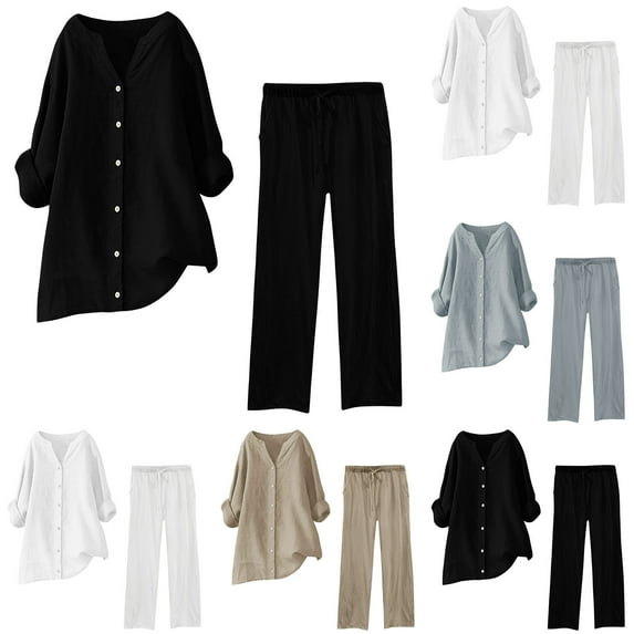 Clearance Sale Items Sweatsuits 2Pcs Sets Womens ZVAVZ Lady Cotton Linen Outfits Buttons Long Sleeve Shirt Casual Loose Pants Tracksuit Casual Pants 2 Piece Set