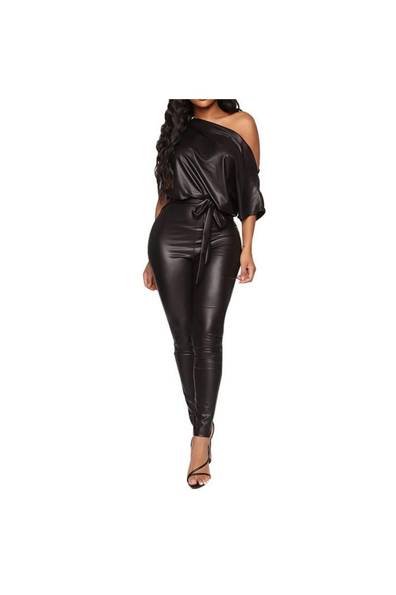 Sale Ladies Stretchy Faux Leather Jumpsuit Off Shoulder Short Sleeve Bodycon Romper Skinny Pant One Piece Club Outfits