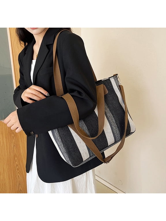 Clearance Sale! Large Women's Work Tote Bag with Zipper, Canvas Shoulder Bag for Office & Daily Use, Tote Bag with Spacious Storage, Casual Stripes Handbags for Women, Crossbody Purse