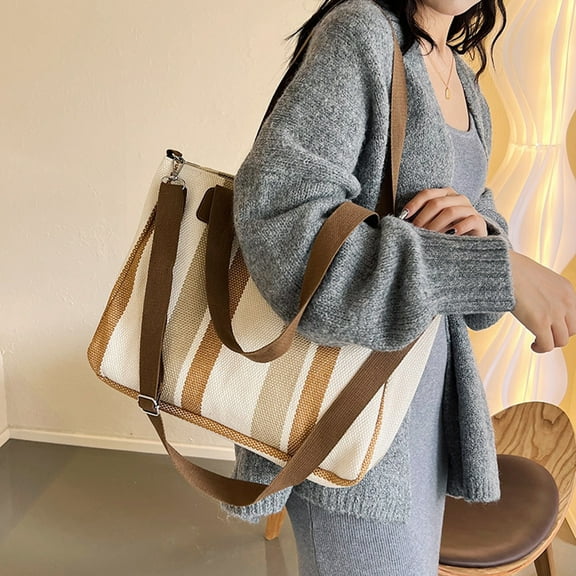 Clearance Sale! Large Women's Work Tote Bag with Zipper, Canvas Shoulder Bag for Office & Daily Use, Tote Bag with Spacious Storage, Casual Stripes Handbags for Women, Crossbody Purse