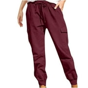 Clearance-Sale Legging with Pocket for Women Solid Color Plus Casual Leggings Drawstring Stretchy Low Waist Ruched Womens Sweaterpants Multiple Pocket Softy Work Pants for Women Weekly-Deals（Wine,L）