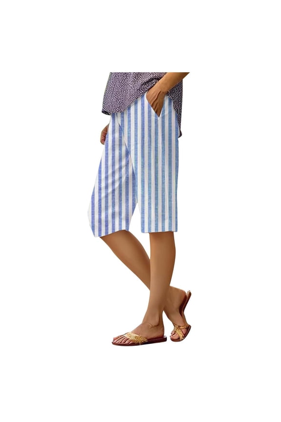 Clearance Sale! Linen Blend Capri Pants For Women Elastic Waist Loose Fit Summer Casual Trousers Lightweight Breathable Lounge Wear Comfortable Pull-On Boho Chic Blue XL Size