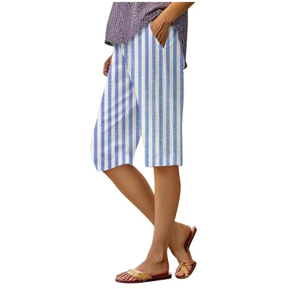 Clearance Sale! Linen Blend Capri Pants For Women Elastic Waist Loose Fit Summer Casual Trousers Lightweight Breathable Lounge Wear Comfortable Pull-On Boho Chic Blue XL Size