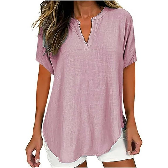 Clearance Sale!! Linen Shirts for Women V Neck Cotton Linen Short Sleeve Loose Fit Blouse Collared Casual Work Tops Summer Tops T Shirts Loose Fit V Neck Tops Blouse Holiday Cmofy Shirts