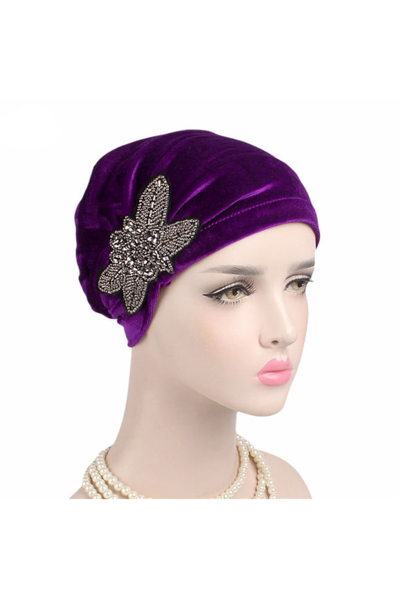 Clearance Sale! Luxury Velvet Turban for Women Soft Beaded Flower Head Wrap Elegant Chemo Hat Comfortable Stretchable Head Cover for Hair Loss Fashionable Ladies Headwear Purple