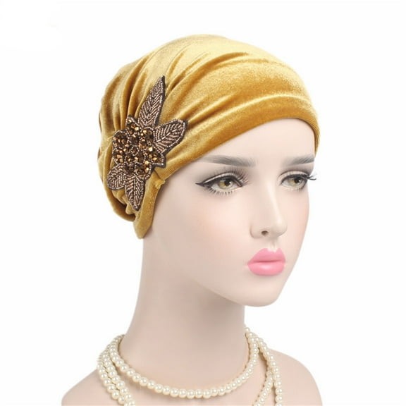 Clearance Sale! Luxury Velvet Turban for Women Soft Beaded Flower Head Wrap Elegant Chemo Hat Comfortable Stretchable Head Cover for Hair Loss Fashionable Ladies Headwear Gold
